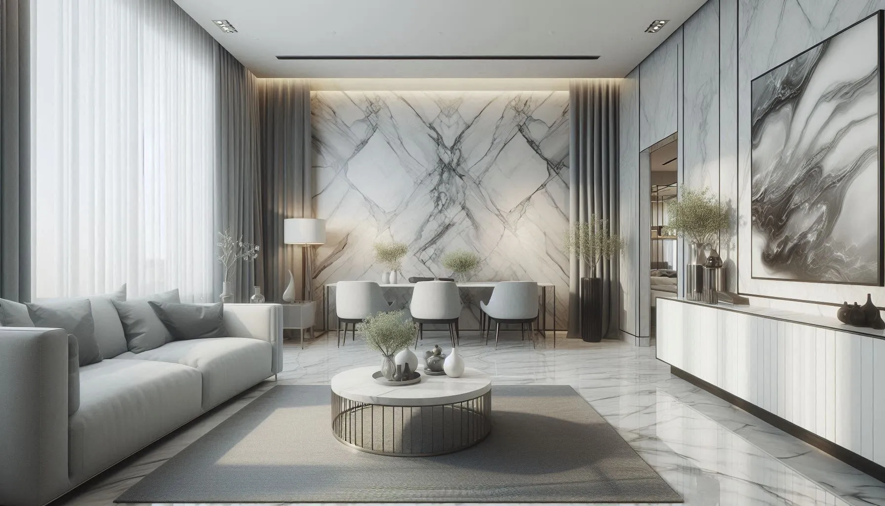 A modern living room featuring Carrara Marble Effect Wall Panels, High Gloss. The room has a minimalist design with neutral tones, including a light grey sofa, round coffee table, and decorative plants. The marble effect on the wall provides an elegant focal point, complemented by framed abstract art pieces on the adjacent walls. Natural light filters through sheer curtains, enhancing the room’s airy and sophisticated ambiance.