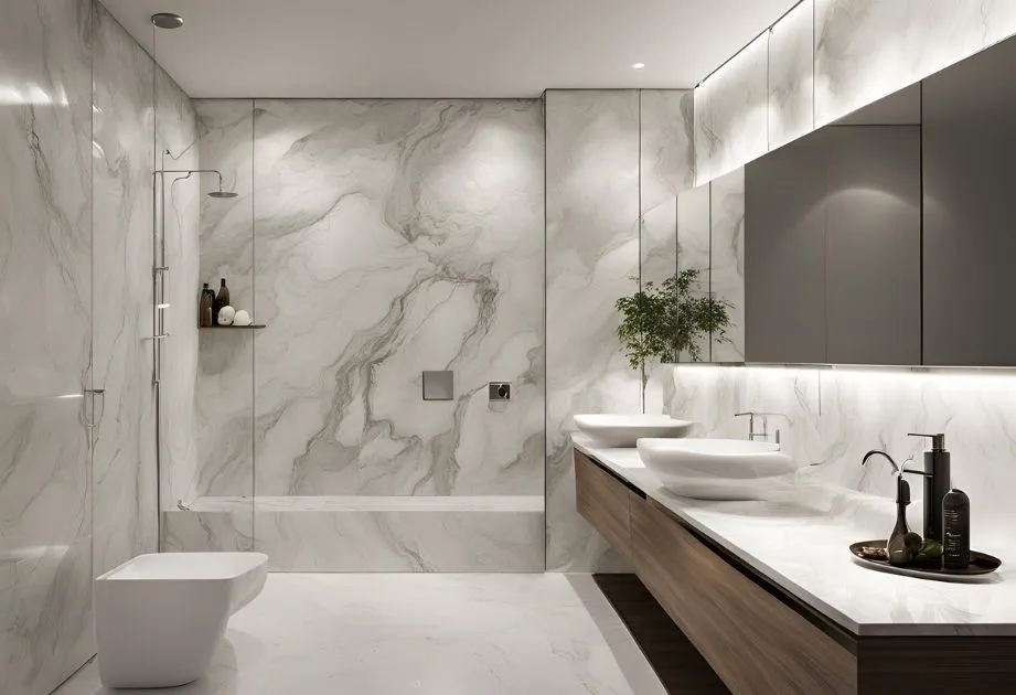 The image shows a modern, luxurious bathroom with a sleek and minimalist design. The walls and floor are covered in large, white marble tiles with gray veining, giving the space an elegant and sophisticated look. The bathroom features a walk-in shower with a glass partition, a wall-mounted toilet, and a double sink vanity with vessel sinks. Above the vanity, there is a large mirror with integrated lighting. The vanity has a wooden finish, adding warmth to the space. There are also decorative elements such as a small plant and neatly arranged toiletries, enhancing the overall aesthetic. The lighting is soft and ambient, creating a relaxing atmosphere.