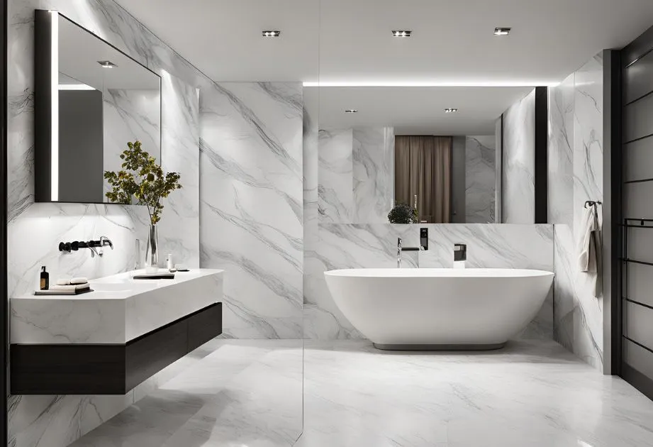 A modern bathroom with marble walls and floor, featuring a large freestanding bathtub, a double sink vanity with a large mirror, and minimalistic decor.