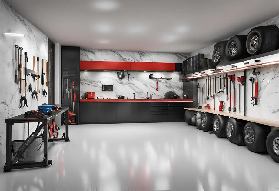 Bright garage displaying Carrara Marble Effect wall panels in high gloss, adding a classic and timeless touch to the space.