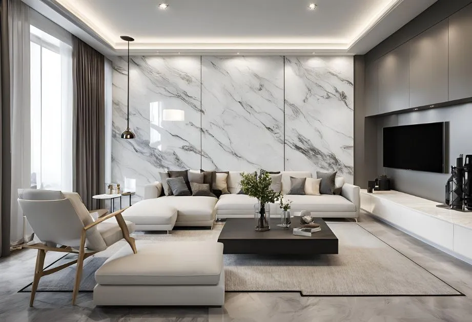 A modern living room with marble walls, a wall-mounted television, a light gray sofa with cushions, a glass and marble coffee table, and a black floor lamp.