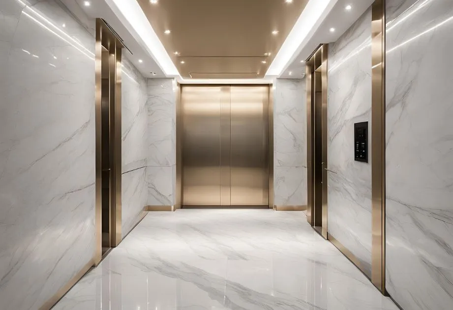 Elegant elevator interior with high-gloss Carrara marble effect wall panels and golden metal accents surrounding the elevator doors. The marble features subtle gray veining on a bright white background, creating a luxurious and modern atmosphere. Recessed ceiling lights enhance the polished surfaces.