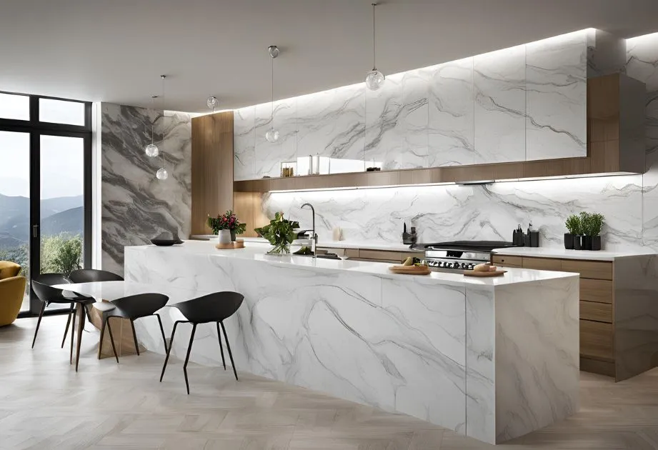 Modern kitchen with marble countertops and a large central island, highlighting an elegant and functional design.