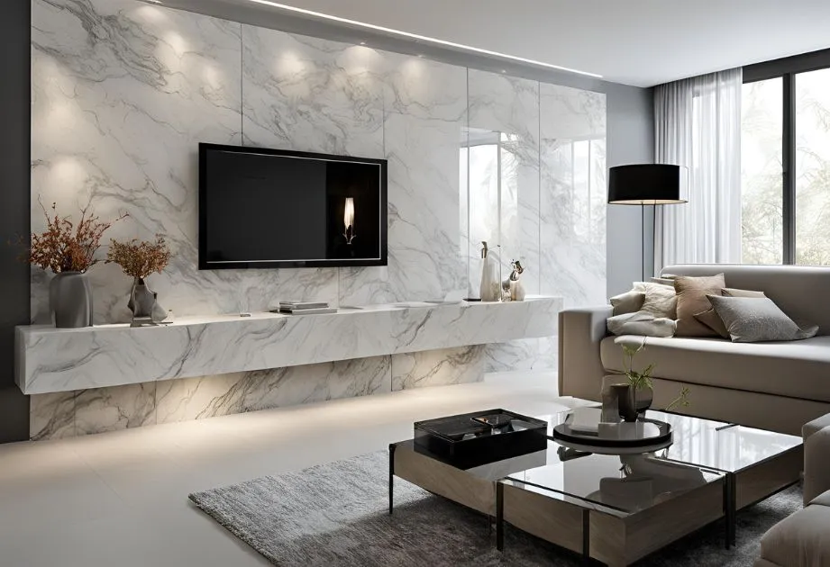 Contemporary living space with marble walls and a flat-screen TV, sophisticated and minimalist design.