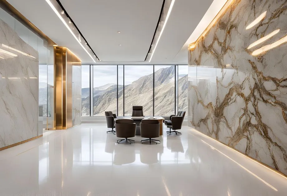 A modern, luxurious office space with large floor-to-ceiling windows offering a panoramic view of mountains. The room features polished white floors, marble walls with gold veining, and a central seating area with five brown leather chairs around a round table. The ceiling has recessed lighting and gold accents.