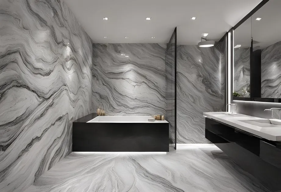 A stylish modern bathroom adorned with polished marble walls and flooring, exuding sophistication and elegance.