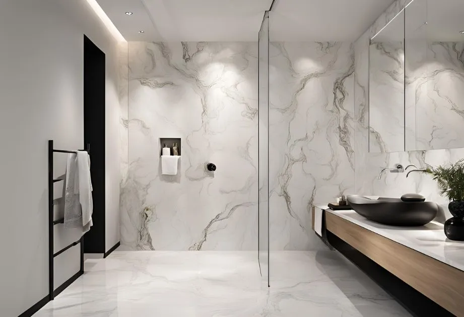 A modern bathroom with marble walls and floor, a glass shower partition, a black sink on a wooden vanity, and a towel rack with a white towel.