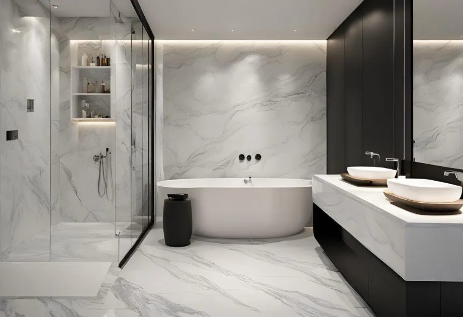 A modern bathroom with a white marble design. The room features a freestanding bathtub, a glass-enclosed shower with built-in shelves, a double sink vanity with vessel sinks, and a large mirror. The walls and floor are covered in white marble with grey veining, and there is subtle recessed lighting.