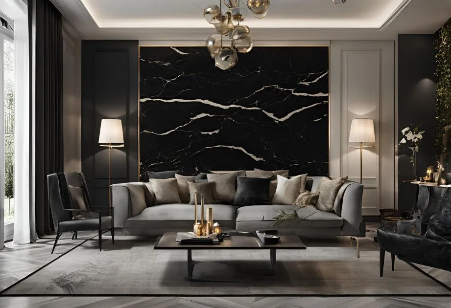 Modern living room with black and white marble walls, creating an elegant and contemporary atmosphere.