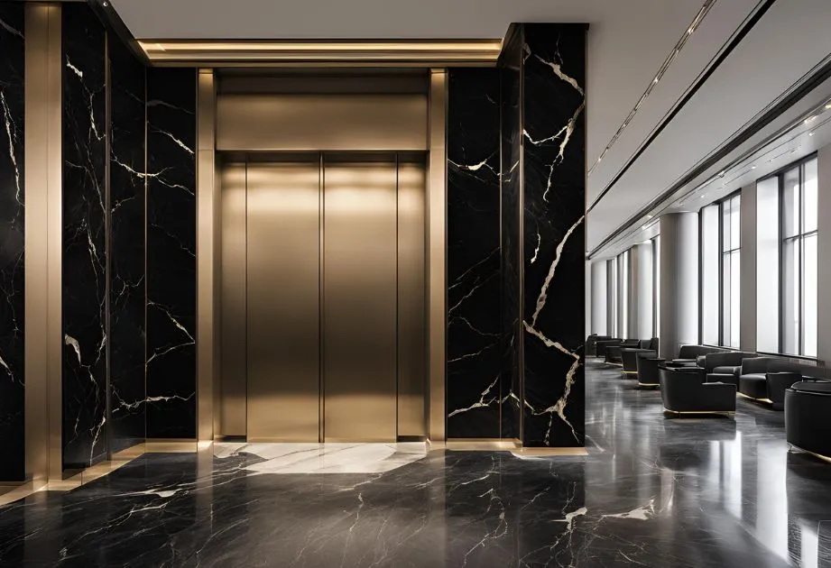 A luxurious elevator lobby with black marble walls featuring gold veins, a polished black marble floor, and a gold-colored elevator door. The lobby has modern black armchairs along the right side, with large windows allowing natural light to illuminate the space.