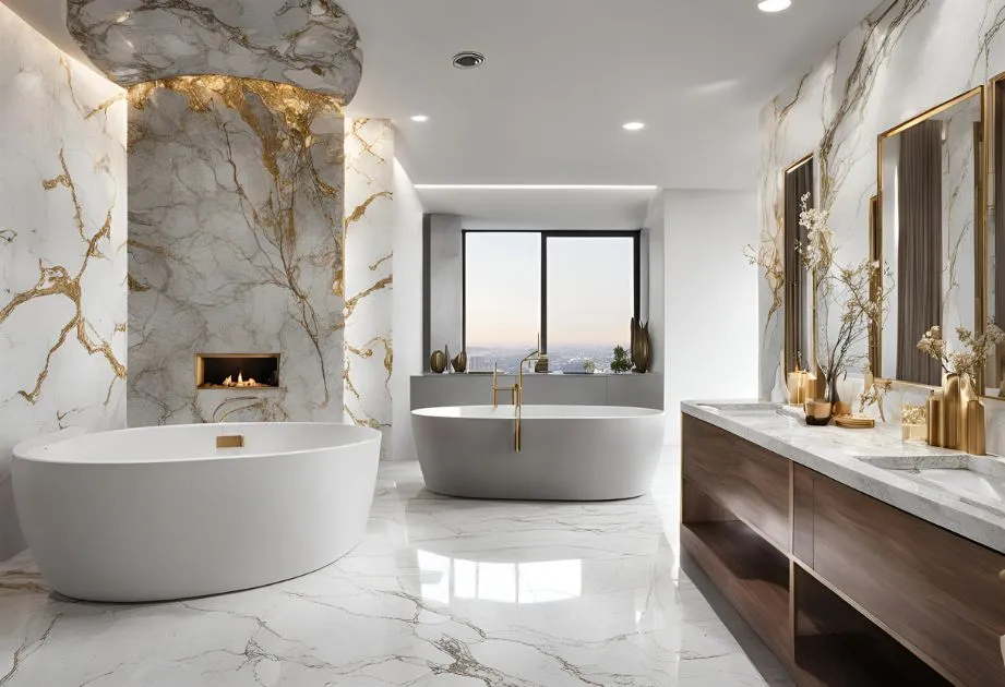 The image shows a luxurious and modern bathroom. The bathroom features two freestanding bathtubs, one white and one gray, positioned on a glossy marble floor with gold veining. The walls are also covered in matching marble with gold veining. There is a built-in fireplace with a small flame on the left wall, adding a cozy element to the space. The right side of the bathroom has a long vanity with a marble countertop, wooden cabinets, and two large mirrors framed in gold. Decorative vases and plants are placed on the vanity, adding a touch of elegance. The room is well-lit with recessed ceiling lights, and a large window at the far end offers a view of the cityscape outside. The overall design is sleek, sophisticated, and opulent, making it an interesting example of high-end bathroom design.