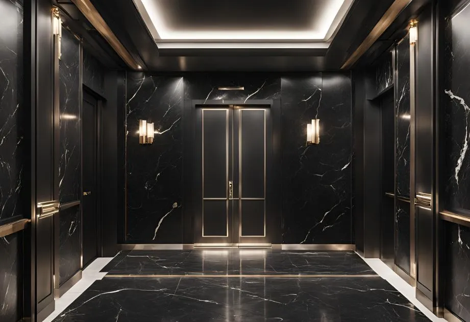 Black marble hallway with gold accents and black marble floor, creating an elegant and sophisticated atmosphere.