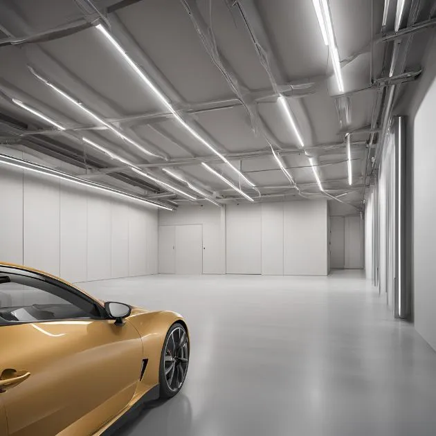 A modern, spacious garage with a sleek, yellow sports car in the foreground. The garage features smooth, light-colored walls and floors, creating a clean and minimalist design. Bright, even illumination is provided by numerous linear LED lights on the ceiling. The walls have several doors, suggesting multiple access points or storage rooms. The overall atmosphere is high-end, organized, and functional, exemplifying contemporary architecture and interior design for automotive storage.