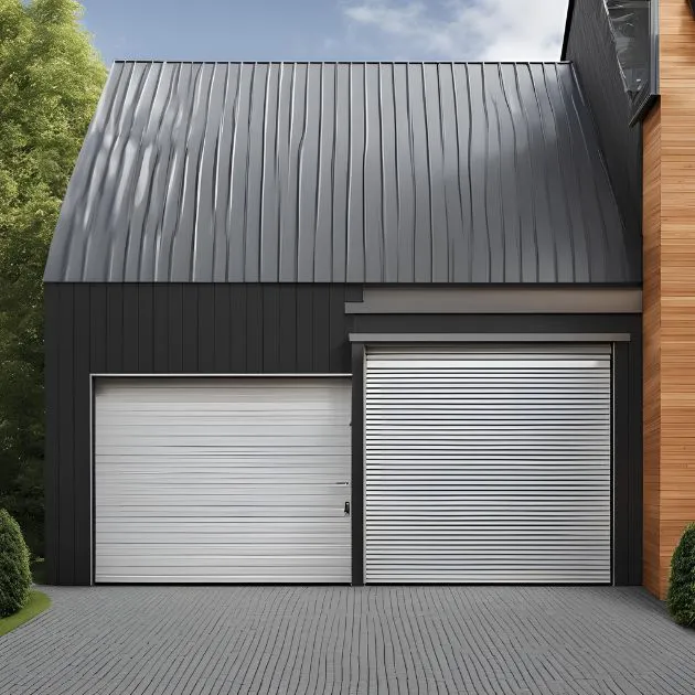 The image depicts a modern garage with a sleek, contemporary design featuring two doors. The left door is a white sectional one, and the right is a silver roll-up door. The garage exterior is dark, with a metal roof and part of the building showcasing wooden paneling. The driveway in front is paved with gray bricks, and there are trees and greenery in the background, adding a touch of nature. This setup highlights the blend of modern architecture and materials.