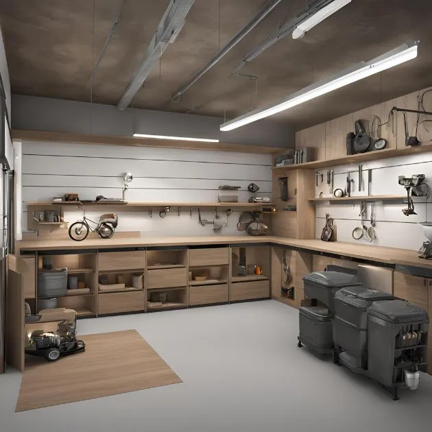 A well-organized and modern garage or workshop. The space is equipped with various tools and equipment neatly arranged on shelves and hooks along the walls. There are wooden cabinets and drawers for storage, and the countertops provide ample workspace. The lighting is bright, with fluorescent lights hanging from the ceiling. Larger items like a lawnmower and trash bins are also present. Overall, the design is clean and functional, making it an efficient workspace.