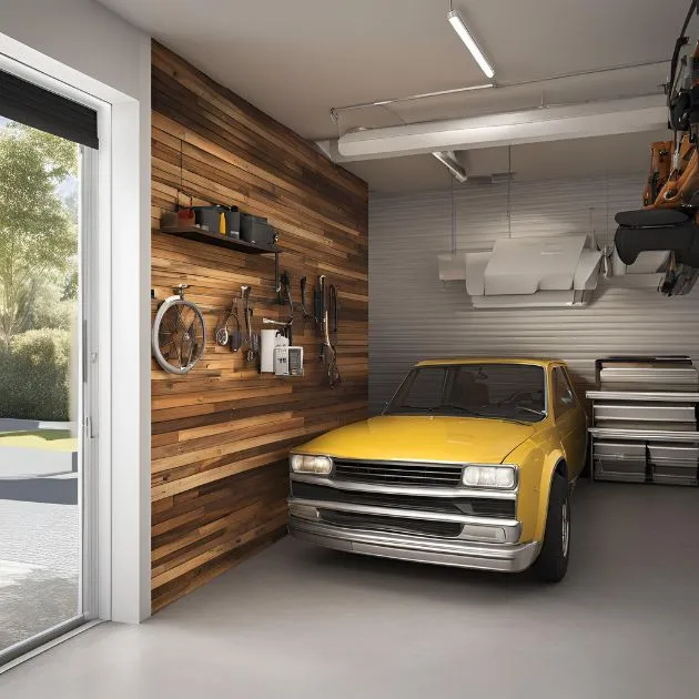 A well-organized garage interior. There’s a yellow car parked in the garage. The left wall is lined with wooden panels and displays various tools and equipment, including a bicycle wheel, a toolbox, and several hand tools. The back wall has a metal finish and features storage containers and hanging shelves. The garage is well-lit with fluorescent lights on the ceiling, and there is a large window or door on the left side, allowing natural light to enter. The floor is clean and appears to be concrete. The garage is tidy and seems to be used both for parking the car and working on various projects.