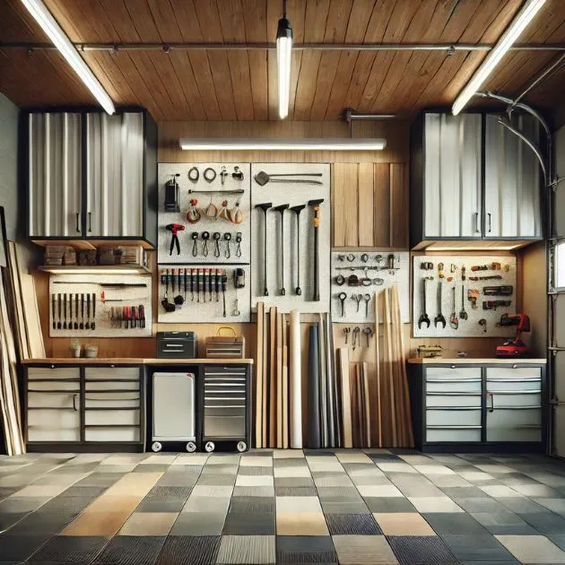 A clean and organized garage interior with sturdy wall panels made of durable materials, such as metal, PVC, and wood. These panels are arranged neatly on the walls, showcasing their long-lasting quality with smooth finishes and scratch-resistant surfaces. The lighting emphasizes the robustness and resilience of each material. Various tools and items hang from the panels to highlight their practicality. Realistic, inviting, and clean atmosphere.