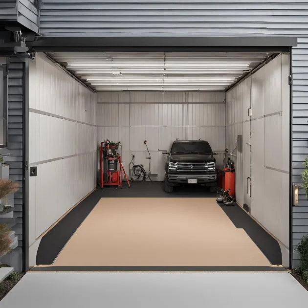 The image shows a well-organized garage with a black vehicle parked inside. The garage has a beige floor mat covering part of the floor. On the left side, there is a red tool chest and some equipment, including a bicycle. On the right side, there is a red air compressor and other tools. The walls and ceiling are made of white panels, and the garage door is open, revealing the interior. The garage is well-lit with multiple fluorescent lights on the ceiling.