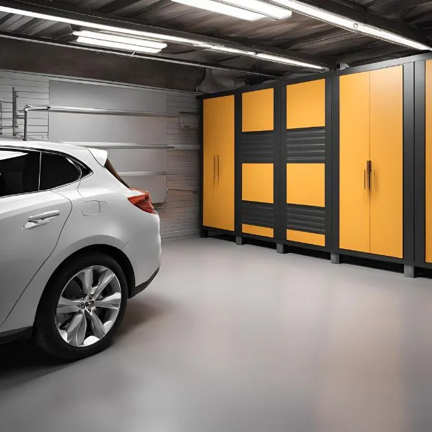 A sleek, silver car parked on a polished floor in a modern garage. The space is well-lit with bright overhead lights. On the right wall, there's a set of stylish yellow and black storage cabinets. On the left wall, metal paneling with hooks and shelves for extra storage. The overall setting is tidy, functional, and visually appealing.