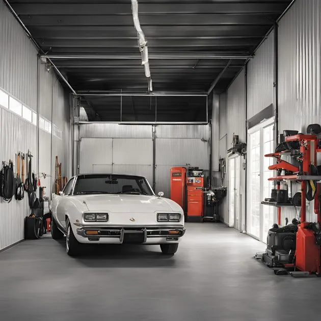 A well-organized garage with a classic white car parked in the center. The garage has a high ceiling with a black roof and metallic walls. On the left side, various tools and equipment are neatly hung on the wall. On the right side, there is a red shelving unit holding various items, including what appears to be a vacuum cleaner and other tools. At the back of the garage, there is a red tool chest and a workbench with more tools and equipment. The garage is clean and well-lit, with large windows on the right side allowing natural light to enter. The overall setup suggests a space dedicated to car maintenance and repair, possibly for a car enthusiast or a professional mechanic.