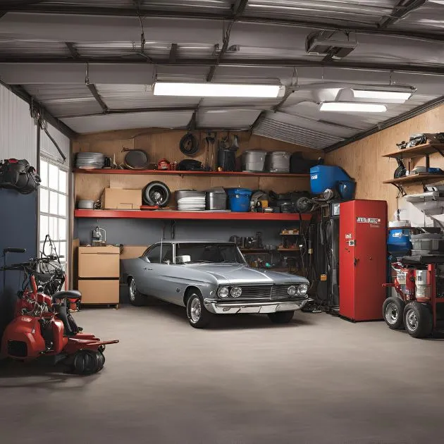 The image shows the interior of a well-organized garage. There is a classic silver car parked in the center. The garage has various tools and equipment neatly arranged on shelves and racks. On the left side, there are lawnmowers and other gardening equipment. On the right side, there is a red tool cabinet and a workbench with various tools and supplies. The back wall has shelves filled with boxes, containers, and car parts. The garage is well-lit with fluorescent lights on the ceiling. The overall impression is of a tidy and functional workspace for car maintenance and other projects.