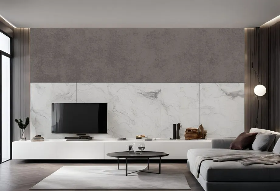 Modern living room with marble walls and a TV, creating a stylish and contemporary atmosphere.