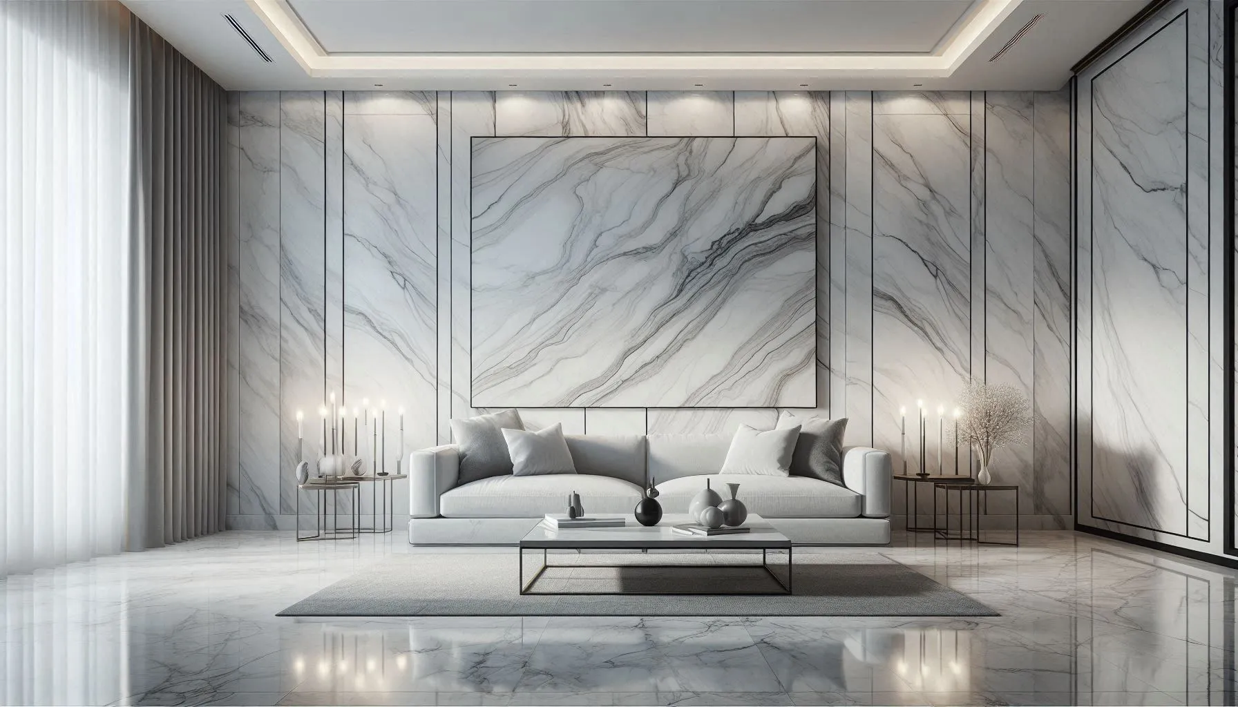 A product called Carrara Marble Effect Wall Panels, High Gloss. These panels feature a high-gloss finish that mimics the appearance of luxurious Carrara marble. They have a sleek, smooth surface with elegant white and light grey veining. The panels are designed for use on walls and have a modern, clean aesthetic suitable for bathrooms, kitchens, or living spaces, reflecting light to create a sophisticated and high-end look.