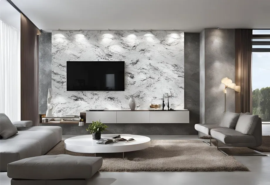 A modern living room featuring Alpine White Granite Effect Wall Panels with a High Gloss finish. The wall panels are used as a backdrop for a flat-screen TV, creating an elegant and luxurious focal point. The room is furnished with two gray sofas, a white oval-shaped coffee table on top of a textured gray rug, and a white sideboard with decorative items and plants. Natural light streams in from the large windows, complementing the sleek interior design.