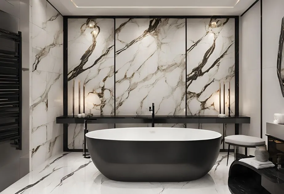 A luxurious bathroom with a black and white color scheme, featuring a freestanding black bathtub, marble walls with black veining, a black countertop with candles and a lamp, and modern fixtures.