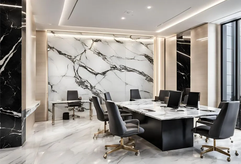 A luxurious conference room featuring Calacatta Black Veined Marble Effect Wall Panels, High Gloss. The room has a large, modern table with a similar marble effect, surrounded by comfortable black office chairs with golden accents on the wheels. The back wall is adorned with the marble panels that have distinctive black veins running through them, creating an elegant and sophisticated atmosphere. Natural light filters in through the tall windows on the side, complementing the warm artificial lighting from the ceiling.