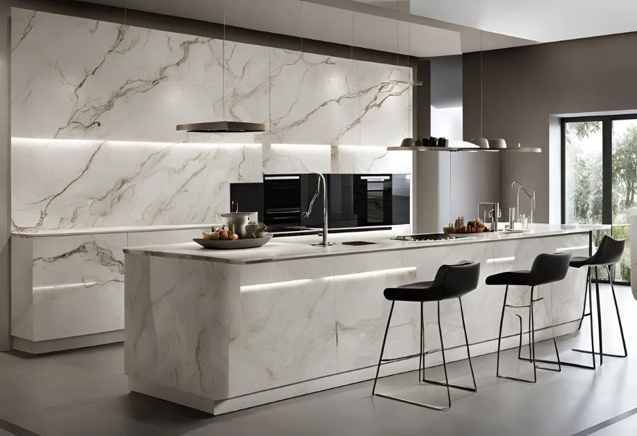 A modern kitchen with a large marble island, three black bar stools, and sleek cabinetry. The kitchen features a minimalist design with integrated appliances and a large window providing natural light. The marble surfaces and clean lines give the kitchen a luxurious and contemporary feel.