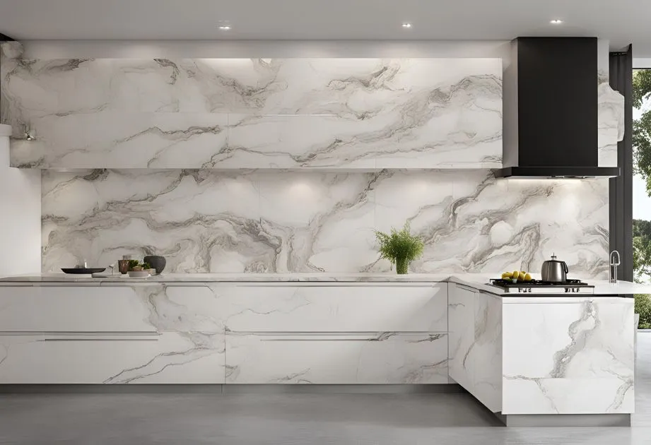 A modern kitchen featuring Capraia Bianco Marble Effect Wall Panels, High Gloss. The panels display a white and grey marble pattern, providing an elegant backdrop to the sleek, white cabinetry. A black range hood hangs above a cooktop on the island, and there are small green plants and various kitchen items arranged neatly on the countertops.