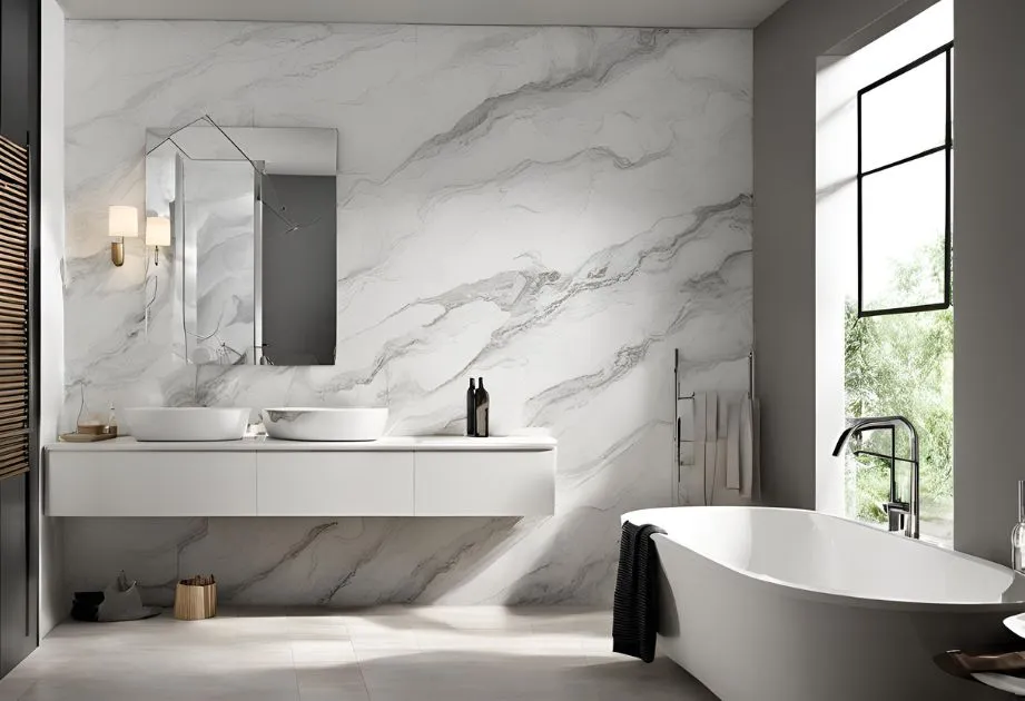 A modern bathroom with a sleek and minimalist design. The bathroom features a large white bathtub with a black towel draped over the side, positioned near a large window that allows natural light to flood the space. The walls are adorned with white marble tiles with gray veining, adding a luxurious touch. There is a floating vanity with two white vessel sinks and a large mirror above it. On the vanity, there are two bottles, possibly for soap or lotion, and a small tray with a few items. A wall-mounted light fixture with two lamps is positioned to the left of the mirror. To the right of the vanity, there is a towel rack with several towels hanging on it. The floor is covered with light-colored tiles that complement the overall aesthetic of the bathroom.