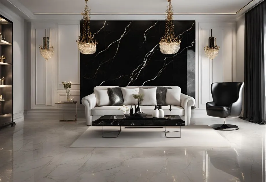 A luxurious living room with a modern design. The room features a white sofa with black and white pillows, a black marble coffee table, and a black accent wall with white veining. There are two elegant chandeliers hanging from the ceiling, and a black leather chair to the right. The floor is made of polished marble, and there is a tall display cabinet on the left side of the room. The room is well-lit with natural light coming from the right side, where there are large windows with dark curtains.