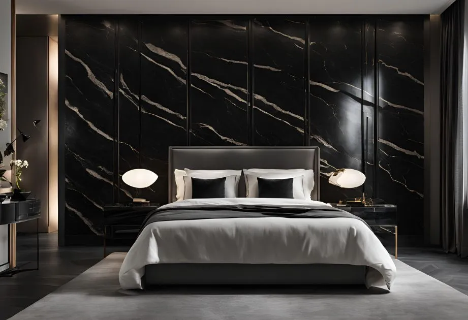 A luxurious bedroom featuring Saint Laurent Noir Marble Effect Wall Panels, Matte. The panels create a dramatic backdrop with their dark color and striking white veining, extending from floor to ceiling behind a large bed. The bed is dressed in crisp white linens and flanked by two round, glowing table lamps on nightstands. The room’s ambiance is sophisticated and modern, with a monochromatic color scheme accentuated by the rich texture of the marble effect.