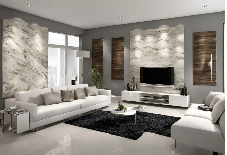 A modern living room with a sleek design featuring white sofas, a black rug, and a large TV mounted on a white entertainment unit. The walls are adorned with large marble panels and wooden accents. The room has a minimalist aesthetic with a few decorative items and a potted plant.