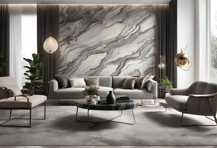 A modern living room featuring Avalanche Marble Effect Wall Panels – Matte. The wall panels display swirling grey and white patterns that mimic natural marble, creating an elegant focal point behind a sleek, dark grey sofa adorned with various throw pillows. In front of the sofa is a round, black coffee table holding decorative items. Two contemporary armchairs flank the space, and the room is accented with gold light fixtures and green potted plants, enhancing the luxurious feel. Large windows allow ample natural light to complement the neutral color palette of the room.