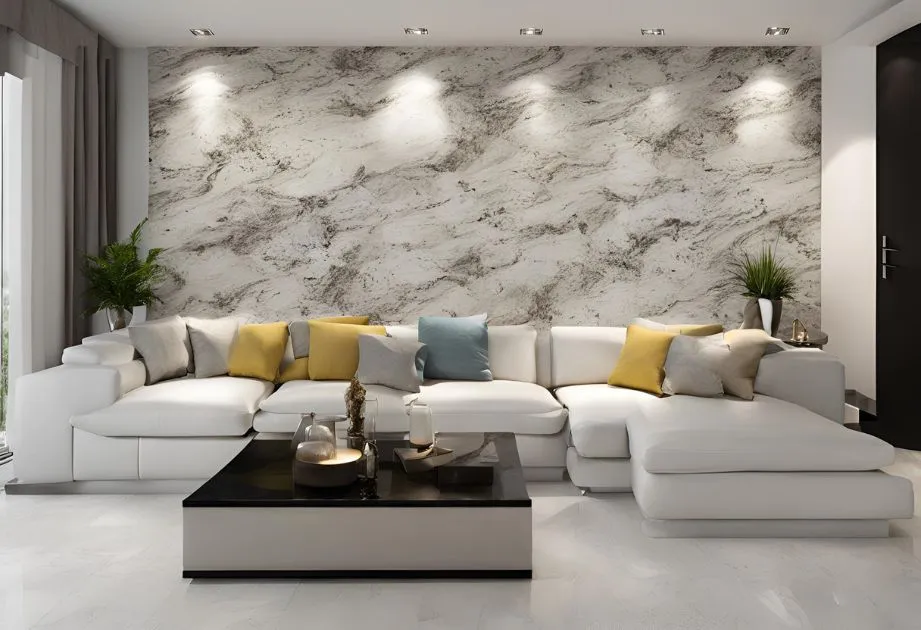 A modern living room featuring Alpine White Granite Effect Wall Panels – High Gloss. The wall panels exhibit a white base with gray veining, creating a luxurious marble-like appearance. The room is furnished with an L-shaped white sofa adorned with yellow and blue cushions, centered around a black coffee table displaying decorative items. The space is well-lit, giving off a clean and sophisticated ambiance.