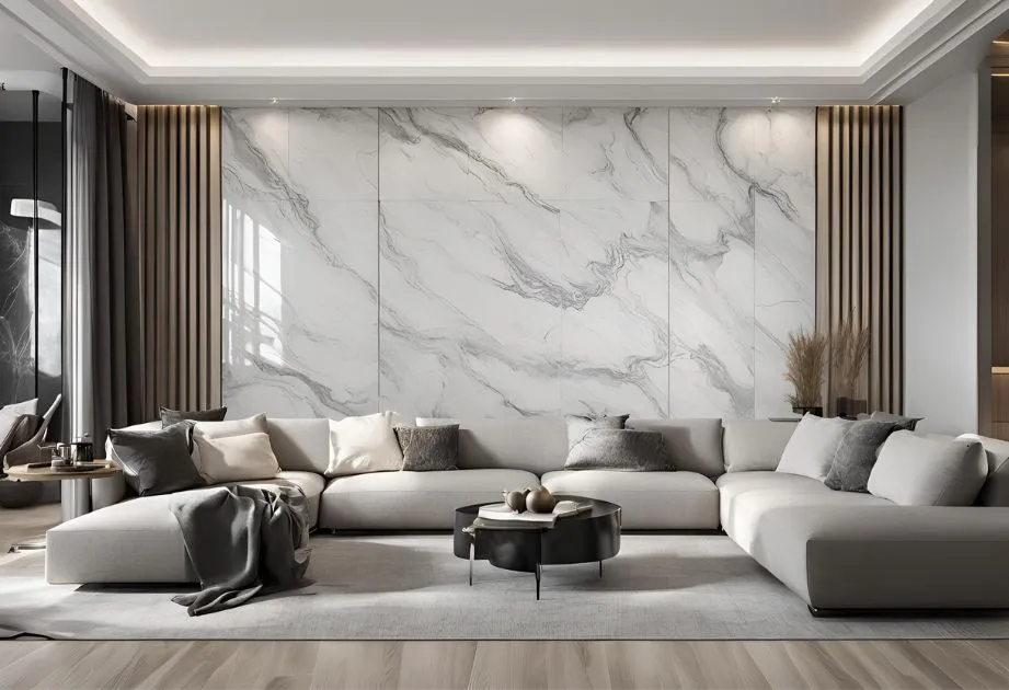 A modern living room featuring Blanco Macael Marble Effect Wall Panels – Matte. The expansive walls are adorned with these panels that mimic the natural veining of marble in shades of white and grey, creating an elegant and luxurious atmosphere. The room is furnished with a large, plush L-shaped sofa in a light neutral tone, complementing the wall panels. In front of the sofa is a rectangular coffee table holding decorative items. The space is accented with warm lighting, long drapes, and minimalistic decor that enhances the sophisticated marble effect on the walls.