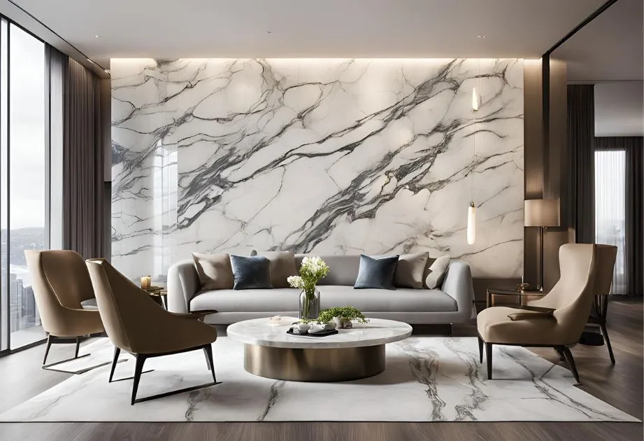 A luxurious interior space featuring Calacatta Black Vein Marble Effect Wall Panels – High Gloss. The wall panels have a modern aesthetic with a large wall adorned with the marble effect, showcasing bold black veins on a white background that match the marble coffee table. The space is furnished with a sleek gray sofa, two tan armchairs, and one cream chair, all surrounding the coffee table. There are floor-to-ceiling windows providing natural light and a view of the cityscape outside, enhancing the room’s elegant ambiance.