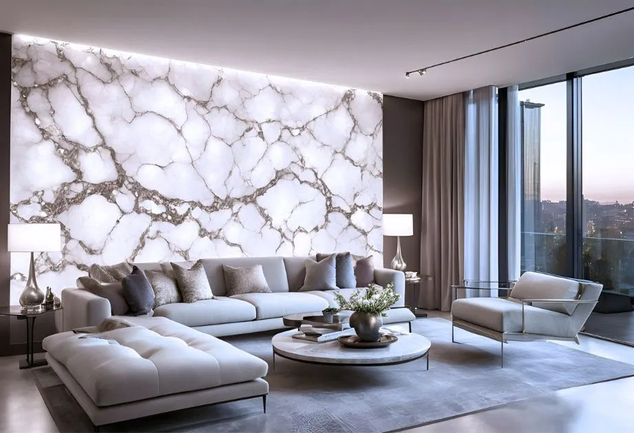 A luxurious interior featuring Calacatta Viola Marble Effect Wall Panels – Matte. The expansive wall is adorned with these panels that mimic natural marble, showcasing a white background with bold, meandering veins in a darker hue. The room is furnished with a large, curved sectional sofa and a matching armchair in light cream upholstery, complemented by an assortment of grey and white throw pillows. A glass coffee table with a plant centerpiece sits atop a subtle area rug, and two elegant table lamps flank the sofa. Floor-to-ceiling windows draped with sheer curtains allow natural light to filter in, offering a view of the cityscape during twilight