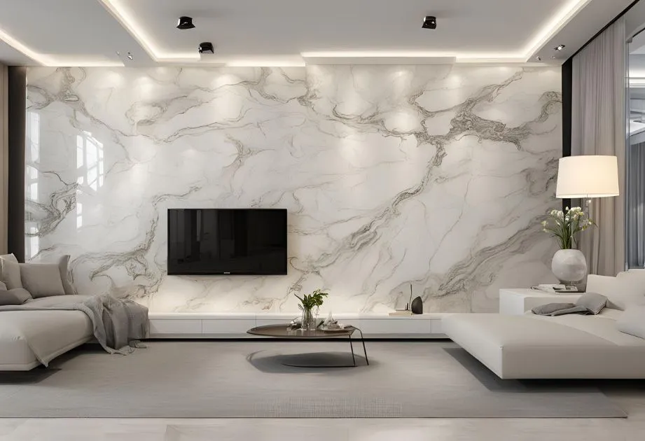 A modern living room featuring Capraia Bianco Marble Effect Wall Panels – High Gloss. The wall panels display a luxurious white marble pattern with intricate grey veining, providing an elegant backdrop to the contemporary space. The room includes a sleek flat-screen TV mounted on the marble-effect wall, flanked by recessed ceiling lights. Furnishings consist of neutral-toned sofas and chairs, a white coffee table with a small plant centerpiece, and a floor lamp casting soft light in the corner. A plush grey area rug anchors the seating area.