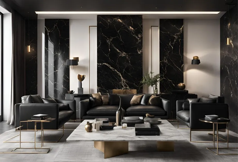 An elegant interior space featuring Noir Saint Laurent Marble Effect Wall Panels – Matte. The room has a modern and luxurious design, with black marble panels that have striking white and gold veining, creating a sophisticated backdrop. The space is furnished with sleek black leather sofas, complemented by gold and marble side tables, and a large central coffee table with a unique geometric base. Ambient lighting is provided by stylish wall-mounted lamps and recessed ceiling lights, enhancing the room’s upscale ambiance.”