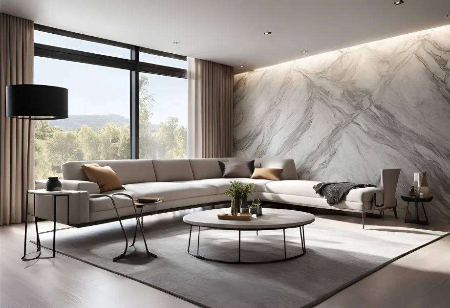 A modern living room featuring Viscount White Granite Effect Wall Panels – Matte. The expansive wall behind the sectional sofa showcases the panels’ distinctive white and gray marbling pattern, which adds an elegant and luxurious touch to the space. The room is filled with natural light from floor-to-ceiling windows, complementing the neutral color palette of the furniture and decor. A sleek black floor lamp stands to the left, while a round coffee table centers the area. The overall design is minimalist yet inviting, emphasizing clean lines and sophisticated textures.