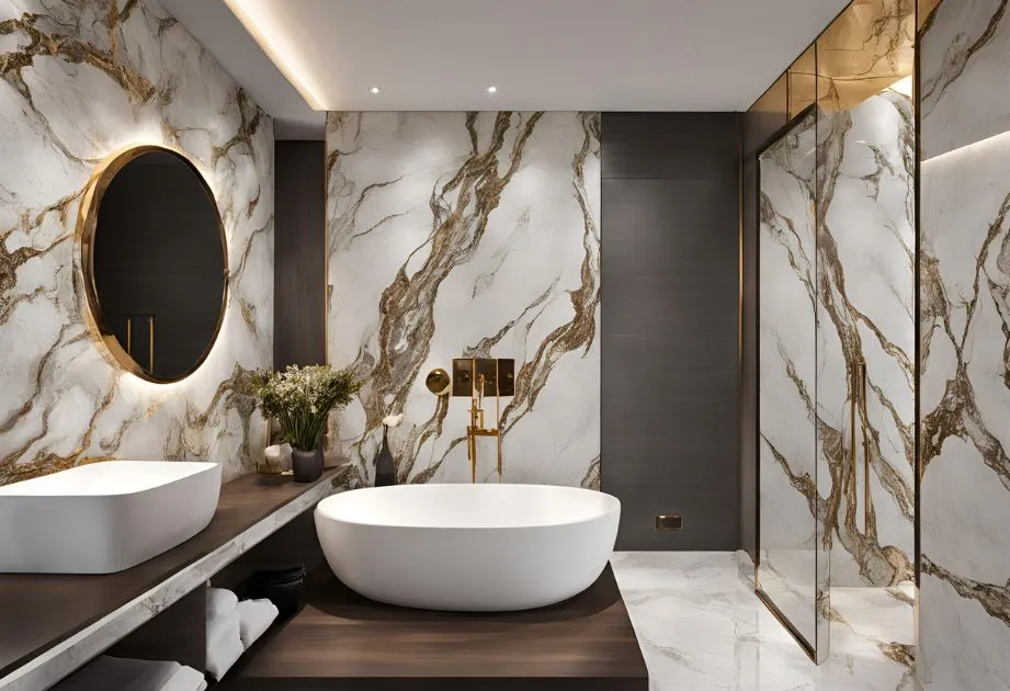 A luxurious bathroom featuring a freestanding oval bathtub, a large round mirror with a gold frame, and a modern sink on a wooden countertop. The walls and floor are adorned with white marble with brown veining. There is a glass-enclosed shower area on the right side. The bathroom is well-lit with recessed lighting and has a vase with flowers on the countertop.