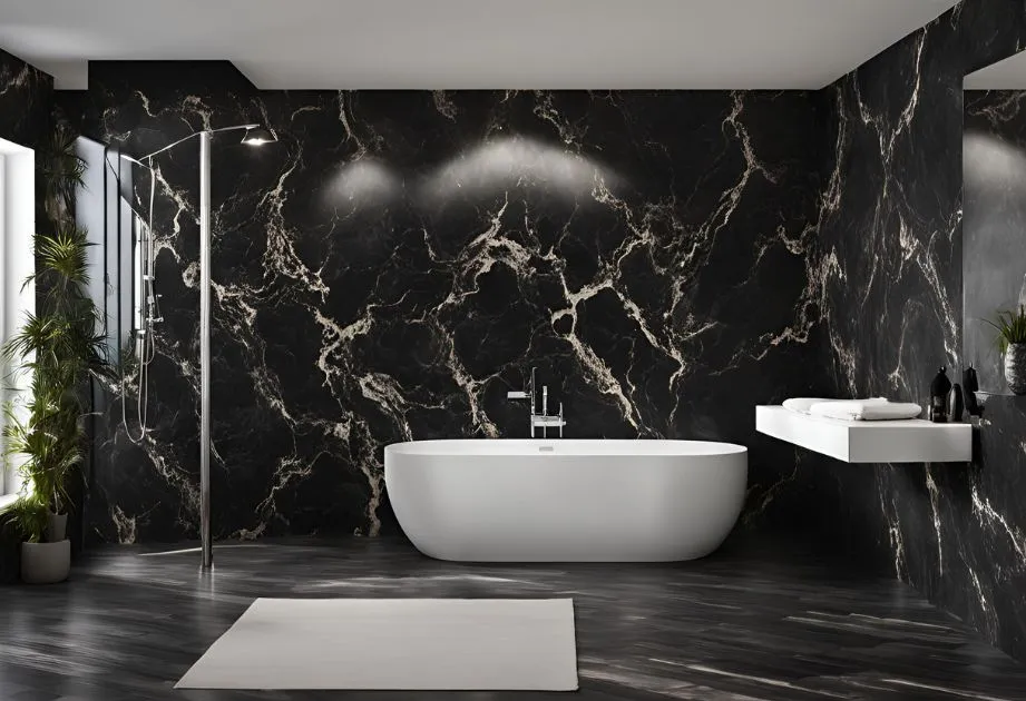 A sleek modern bathroom featuring elegant black marble walls and flooring, exuding luxury and sophistication.