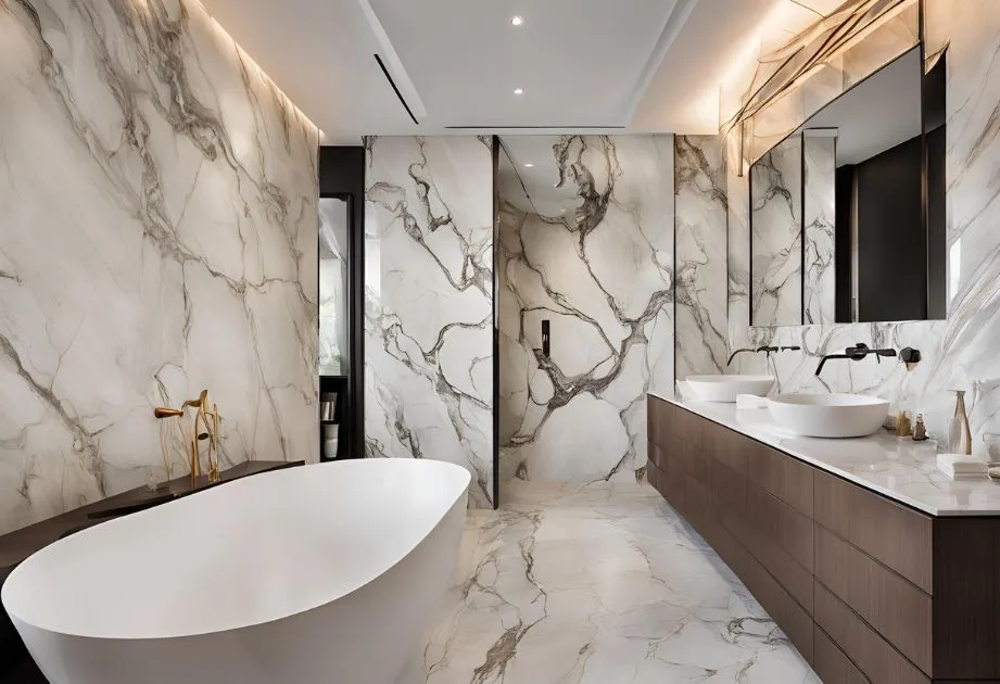 A luxurious bathroom featuring a freestanding white bathtub, a double sink vanity with vessel sinks, and walls and floors covered in elegant white marble with dark veining. The space is well-lit with recessed lighting and a large mirror above the vanity.