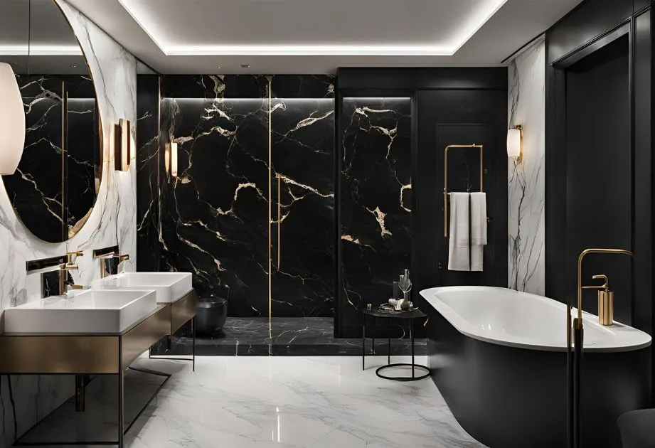 A luxurious modern bathroom with black and white marble walls, a freestanding bathtub, double sinks, and gold fixtures. The design features a mix of black and white marble with gold accents, creating an elegant and sophisticated atmosphere.