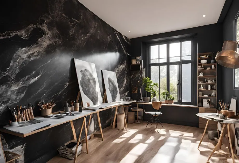 A well-lit art studio with a large window, featuring two easels with abstract black and white paintings, a long table with various art supplies, and shelves with pottery and plants.