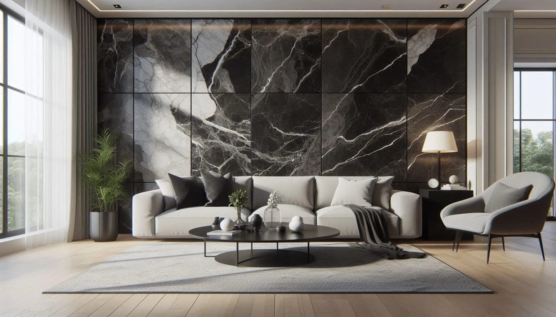 The image displays a modern living room with Argos Black Breccia Marble Effect Wall Panels in a matte finish. The wall panels exhibit a bold black color with intricate white and grey veining, creating an elegant marble effect. The room is furnished with a light grey sofa adorned with various cushions, a round black coffee table with decorative items, and a matching grey armchair. A floor lamp with a black shade stands beside the sofa, providing ambient lighting. Large windows allow natural light to fill the space, highlighting the marble effect on the wall panels and contributing to the room’s sophisticated aesthetic.